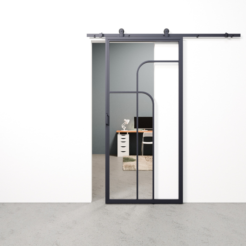 Schuifdeur staal en glas Double Arc grijsblauw