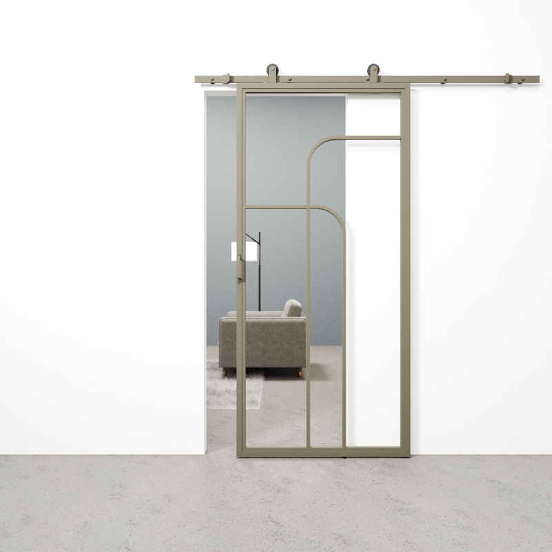 Schuifdeur staal en glas Double Arc olijfgrijs
